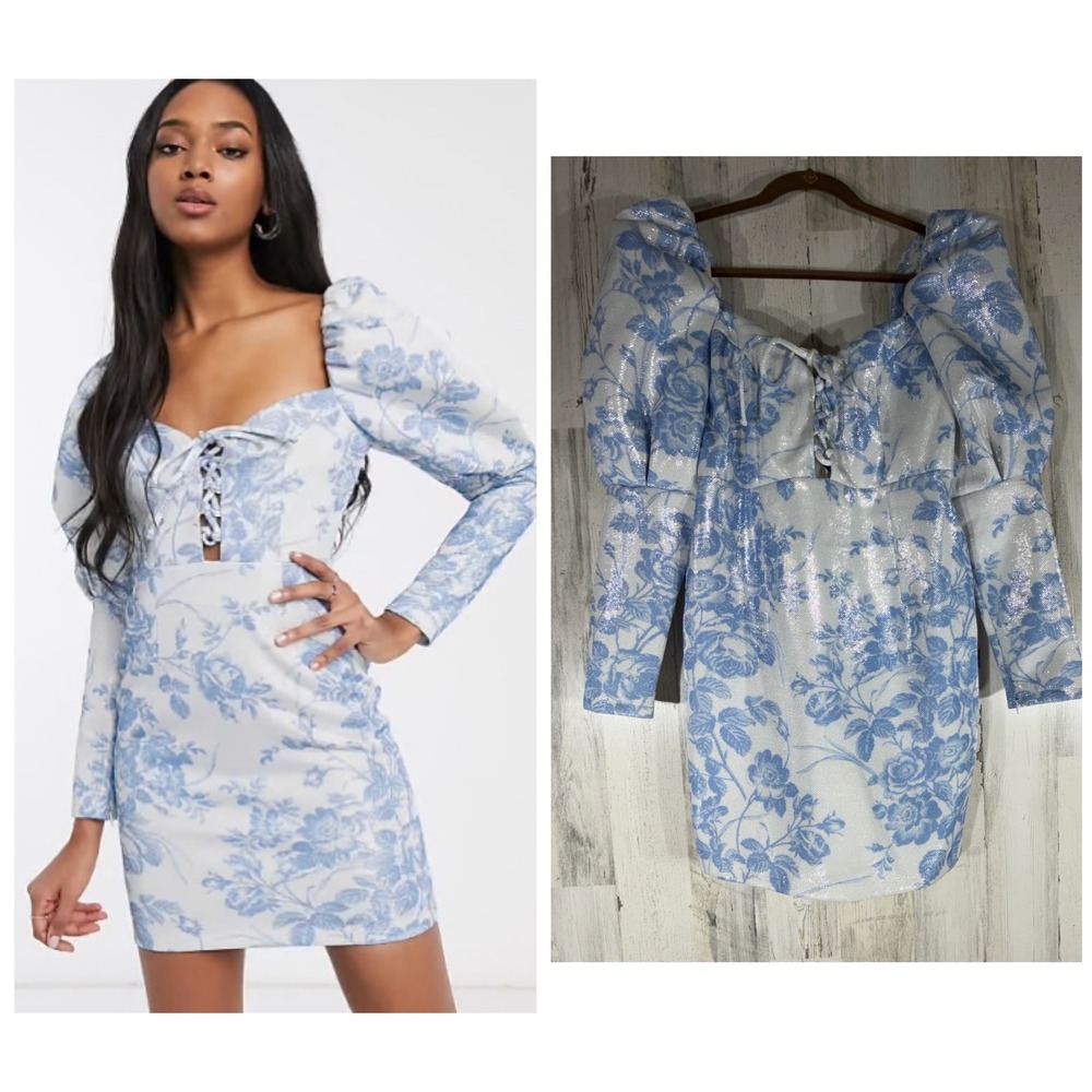 ASOS Mini Dress Size 0‎ Blue White Floral Metallic Puff Sleeve Lace Up Front NWT